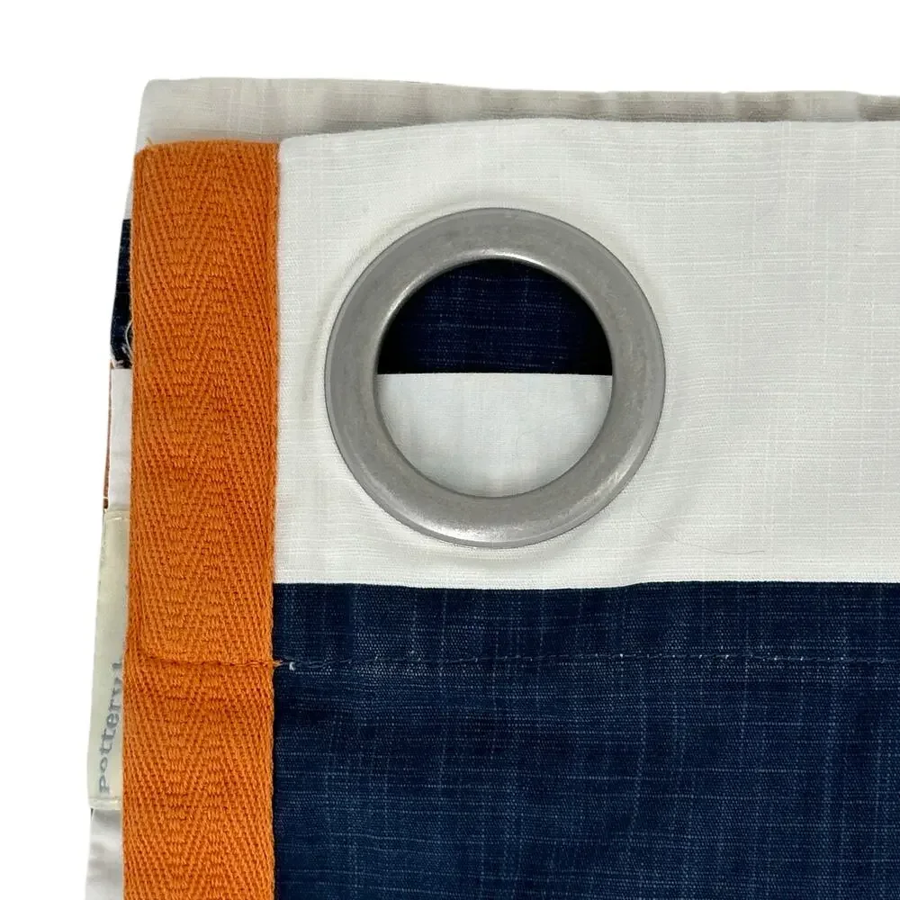 Pottery Barn Kids Rugby Blue White Stripe Orange Trim Curtain Panel 50 X 96